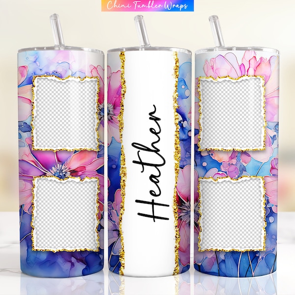 Custom Picture Tumbler Wrap, Alcohol Ink Daisy Flowers Photo Tumbler Wrap PNG, Personalized Name Tumblers, Pink Floral Family Photo Tumblers
