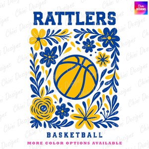 Floral Rattlers PNG, Blue Yellow Basketball Rattlers Design, School Team Mascot Rattlers, Game Day Sublimation Tshirt Design Png Sports Team