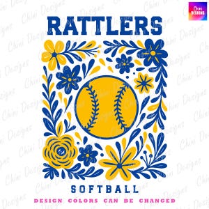 Floral Rattlers PNG, Blue Yellow Softball Rattlers Design, School Team Mascot Rattlers, Soft Ball Game Day Tshirt Design, Sublimation Design