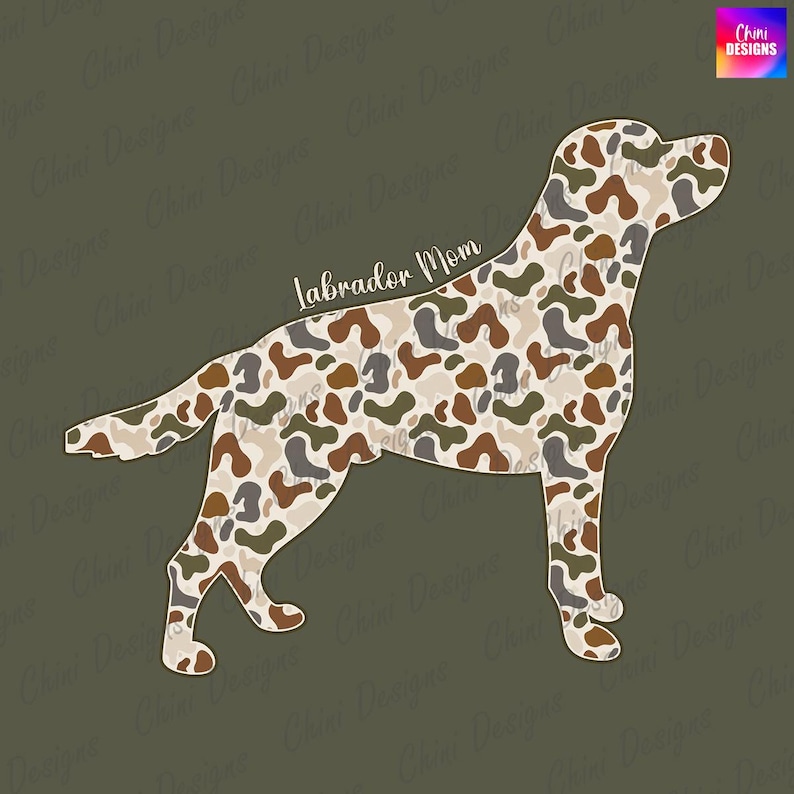 A camouflage-patterned dog silhouette is depicted against a green background.
