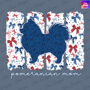 Mamma Pomerania patriottica PNG, Design mamma Pomerania con fiocco civettuolo, Mamma cane Pomerania, Design maglietta 4 luglio, Design a sublimazione fiocco PNG