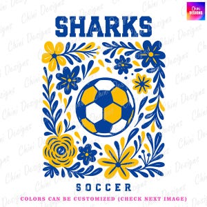 Bloemenhaaien png, ontwerp blauwgele voetbalhaaien, schoolteam mascotte haaien, gamedag tshirt ontwerp png, sublimatieontwerp, sportteam