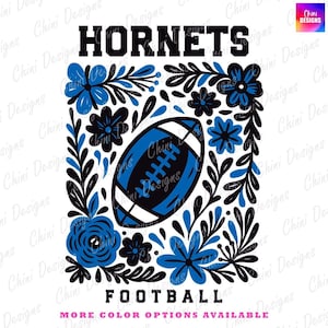Floral Hornets PNG, School Team Mascot Hornets Design, Black Blue Football Hornets, Game Day Tshirt Design, Sublimation Design Sports Team