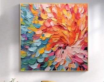 Textured Feather Oil Canvas: Abstract Leaves Wall Art, Unique Living Room Decor, Custom Colorful Painting Gift