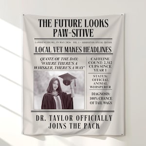 Può includere: Un arazzo da parete in tessuto bianco con testo nero che recita "THE FUTURE LOOKS PAW-SITIVE". Include una foto in bianco e nero di una laureata e il testo "DR. TAYLOR OFFICIALLY JOINS THE PACK."