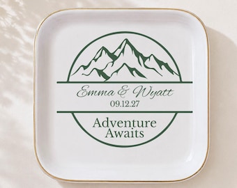 Personalisierte Schmuckschale für Berghochzeitsringe, Geschenk für Wanderpaare, Individuelles Geschenk zur Brautparty, Schmuckschale für Camping, Erinnerungsstück für Braut und Bräutigam