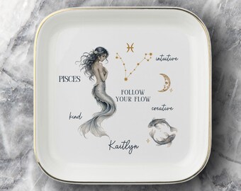 Custom Pisces Zodiac jewelry dish, Personalized Astrology Birthday, Pisces Affirmation Gift for Daughter Sister or Friend, Ring trinket tray