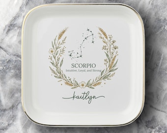 Personalized Scorpio Zodiac Jewelry Dish, Astrology Birthday Gift for Sister, Custom Ring Trinket Tray, Celestial Best Friend Gift, Boho