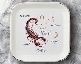 Personalized Scorpio Zodiac Jewelry Dish, Astrology Birthday Gift for Sister, Custom Ring Trinket Tray, Celestial Best Friend Affirmation