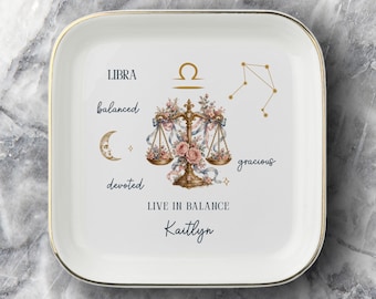 Personalized Libra Zodiac Jewelry Dish, Astrology Birthday Gift for Sister, Custom Ring Trinket Tray, Celestial Best Friend Affirmation