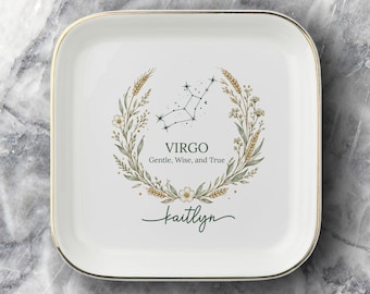 Personalized Virgo Zodiac Jewelry Dish, Astrology Birthday Gift for Sister, Custom affirmation Ring Trinket Tray, Celestial Boho Friend