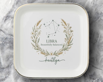 Personalized Libra Zodiac Jewelry Dish, Astrology Birthday Gift for Sister, Custom Ring Trinket Tray, Celestial Best Friend Gift, Boho