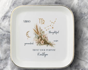 Personalized Virgo Zodiac Jewelry Dish, Astrology Birthday Gift for Sister, Custom Ring Trinket Tray, Celestial Best Friend Affirmation Gift