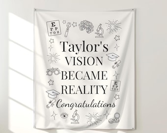 Tapiz de pared para graduación de optometría, fondo para oftalmólogo, decoración personalizada para fiesta de graduación de oftalmólogo, cartel de bienvenida personalizado.