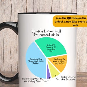 Op de afbeelding: Een witte keramische mok met een zwarte handgreep. De mok heeft een grafiek van een taartdiagram met de tekst "Jamie's know-it-all Retirement skills" en een lijst met pensioenvaardigheden. De mok is 15 oz.