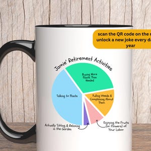 Op de afbeelding: Een witte keramische mok met een zwarte handgreep en rand. De mok heeft een taartdiagram met de tekst "Jamie' Retirement Activities" en een lijst met activiteiten die te maken hebben met tuinieren. De mok heeft ook een QR-code en de tekst "scan de QR-code op de mok om elke dag een nieuwe grap te ontgrendelen voor een jaar". De mok is 15 ounce.