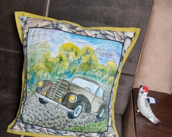 Handmade cushion, Cushion with car, Silk-painted cushion, Gift for a man, Gift for him, Pillow for boy.