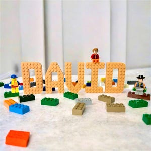 Può includere: Il nome "DAVID" è scritto con mattoncini color beige, con piccole figure Lego posizionate attorno alle lettere. Vari mattoncini Lego colorati sono sparsi intorno al nome. Lo sfondo è una superficie bianca.