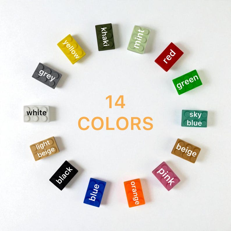 May include: A collection of fourteen colorful toy blocks arranged in a circle. Each block is a different color, including yellow, grey, khaki, mint, red, green, sky blue, beige, pink, orange, blue, black, light beige, and white. The text "14 COLORS" is in the center.