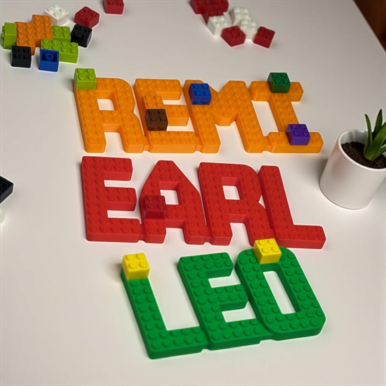 May include: Orange, red, and green block letters spelling out the names "REMI", "EARL", and "LEO". The letters are constructed from interlocking blocks, with additional blocks of various colors. A small potted plant is visible.