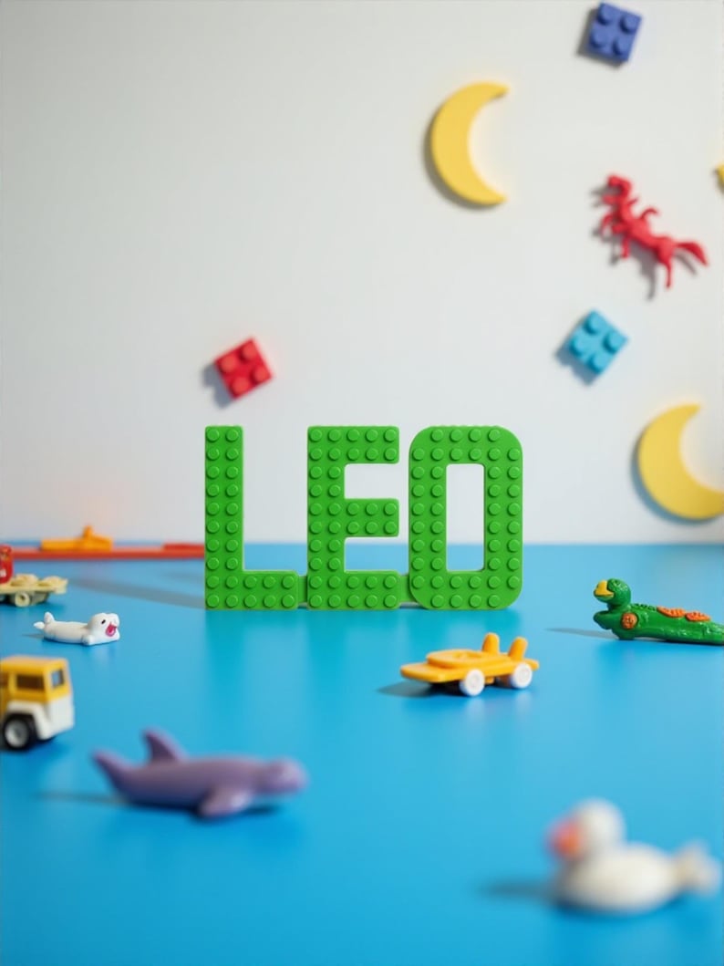 May include: A vibrant image features the name "LEO" spelled out in bright green building blocks. The name is surrounded by colorful toy vehicles, animals, and decorative shapes, including a yellow crescent moon and red and blue blocks, all set against a blue surface.