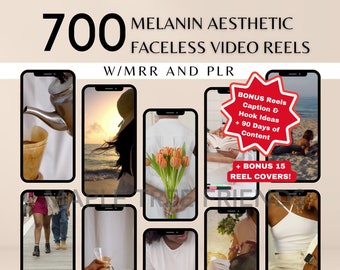 May include: A digital product listing for 700 faceless video reels with melanin aesthetic. The listing includes bonus reels, captions, hook ideas, 90 days of content, and 15 reel covers. The image shows a collage of different video reel ideas.