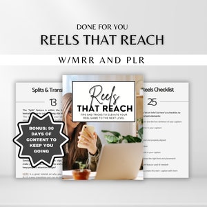 May include: A digital marketing guide with the title "Reels That Reach" and the subtitle "Tips and tricks to elevate your reel game to the next level". The guide is designed to help users create engaging and effective reels for social media.