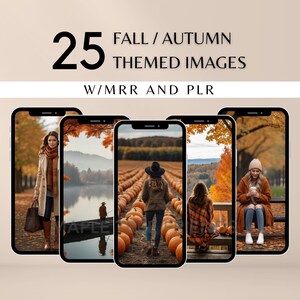 May include: A collection of 25 fall-themed images, perfect for use in digital products or social media. The images feature a variety of autumnal scenes, including a woman walking through a field of pumpkins, a couple sitting on a bench in a park, and a woman standing in front of a lake with fall foliage.