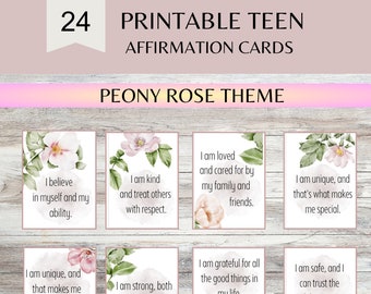 Tarjetas de afirmación para adolescentes, para imprimir con peonías y rosas