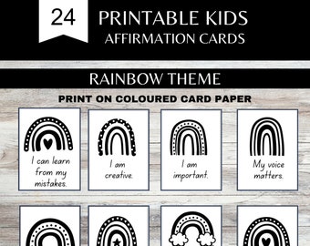 Tarjetas de afirmación para niños, imprimibles, en blanco y negro, con el arcoíris