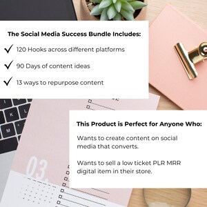 Puede incluir: Una composici&oacute;n plana con un port&aacute;til, un cuaderno rosa con un clip dorado y un calendario. El texto de la imagen dice: "El Social Media Success Bundle incluye: 120 ganchos, 90 d&iacute;as de ideas de contenido, 13 formas de reutilizar el contenido."
