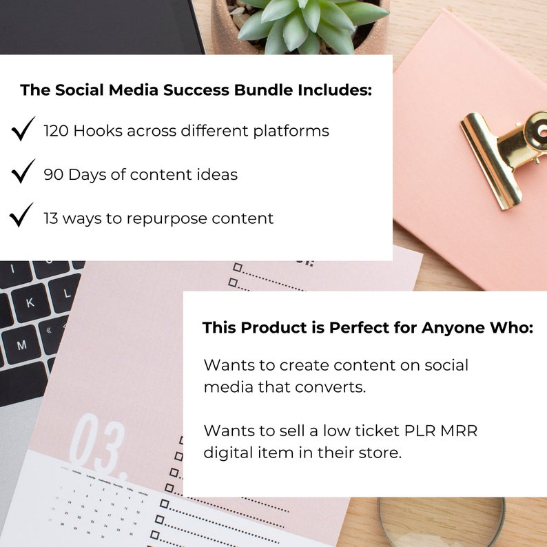 Puede incluir: Una composici&oacute;n plana con un port&aacute;til, un cuaderno rosa con un clip dorado y un calendario. El texto de la imagen dice: "El Social Media Success Bundle incluye: 120 ganchos, 90 d&iacute;as de ideas de contenido, 13 formas de reutilizar el contenido."