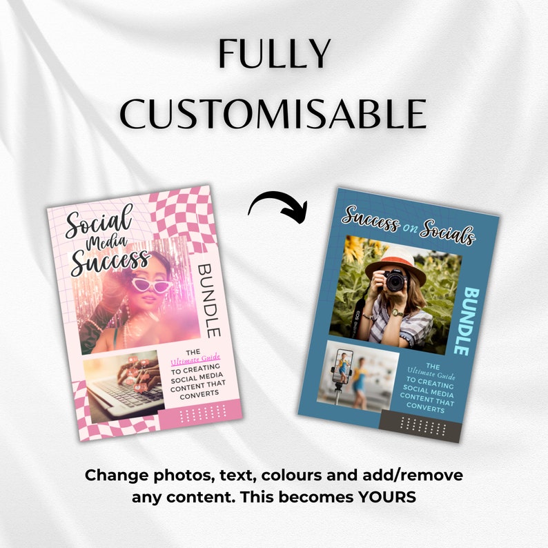 Puede incluir: Se muestran dos portadas de libros con los t&iacute;tulos "Social Media Success" y "Success on Socials". Las portadas presentan im&aacute;genes y texto. Las palabras "FULLY CUSTOMISABLE" est&aacute;n en la parte superior, con el texto "Change photos, text, colours and add/remove any content. This becomes YOURS" en la parte inferior.