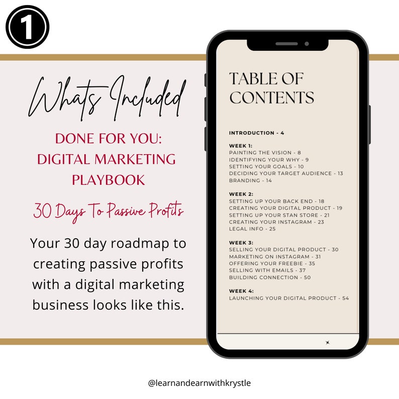 May include: A digital marketing playbook with a table of contents outlining a 30-day roadmap to creating passive profits. The table of contents includes topics like branding, setting up a back end, creating a digital product, and launching a digital product.