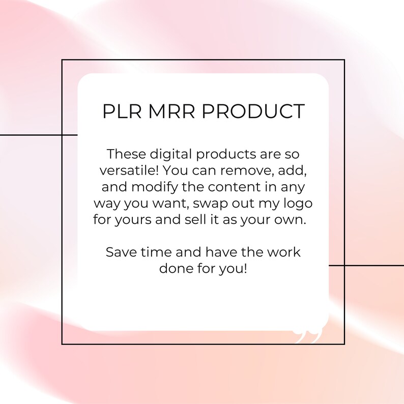 Puede incluir: Anuncio de producto digital con el texto "PLR MRR PRODUCT". El texto describe la versatilidad del producto, permitiendo a los usuarios modificar el contenido y revenderlo, ahorrando tiempo y esfuerzo.