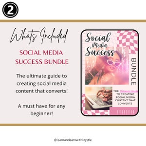 May include: A pink and white checkered background with a digital product cover that says "Social Media Success" and "The Ultimate Guide to Creating Social Media Content That Converts!"  The cover also features a woman wearing sunglasses and typing on a laptop.