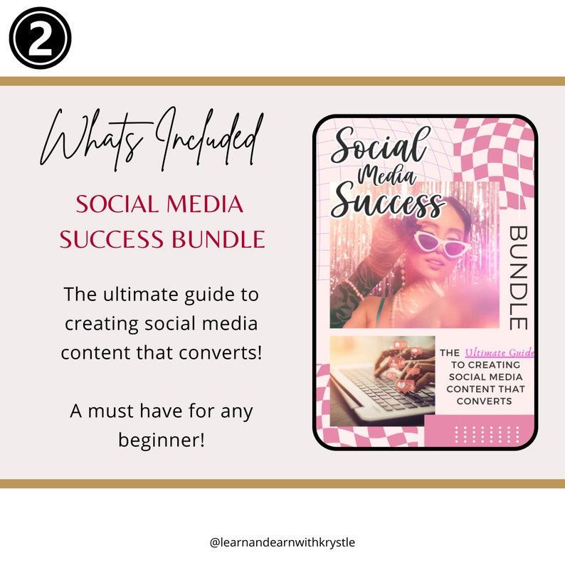 May include: A pink and white checkered background with a digital product cover that says "Social Media Success" and "The Ultimate Guide to Creating Social Media Content That Converts!"  The cover also features a woman wearing sunglasses and typing on a laptop.