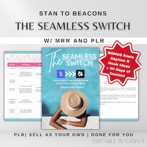 Könnte beinhalten: Ein digitaler Produktführer mit dem Titel "The Seamless Switch" mit einer Frau in einem Strohhut, die sich an einem Pool entspannt. Der Leitfaden befasst sich mit der Migration von Stan Store zu Beacons.ai. Der Text enthält auch "Bonus Reels Caption & Hook Ideas + 90 Days of Content" und "PLR | Sell as your own | Done for you | Editable in Canva".