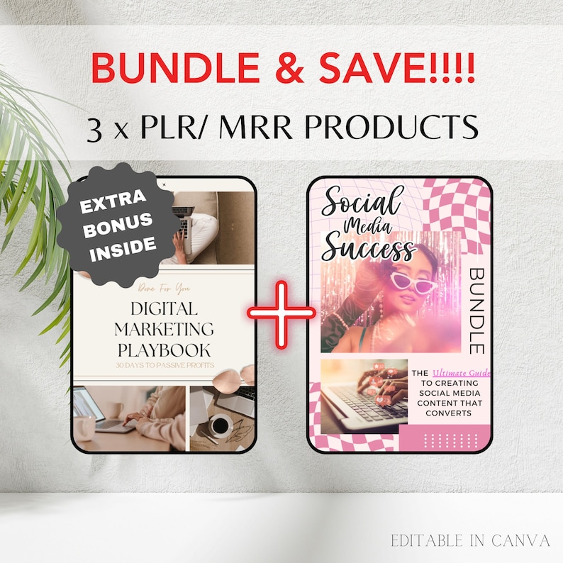 May include: A bundle of three digital marketing products for sale. The products are titled "Digital Marketing Playbook", "Social Media Success", and "The Ultimate Guide to Creating Social Media Content That Converts". The products are designed to be edited in Canva.