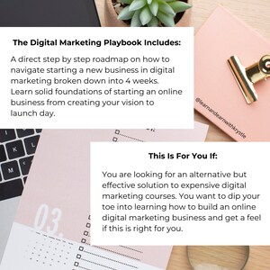 May include: A pink and white digital marketing playbook with the text "The Digital Marketing Playbook Includes:" and "This Is For You If:"  The text describes a step-by-step roadmap for starting a new business in digital marketing.