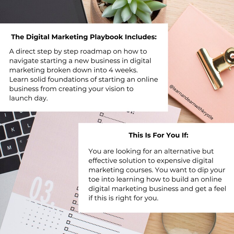 May include: A pink and white digital marketing playbook with the text "The Digital Marketing Playbook Includes:" and "This Is For You If:"  The text describes a step-by-step roadmap for starting a new business in digital marketing.