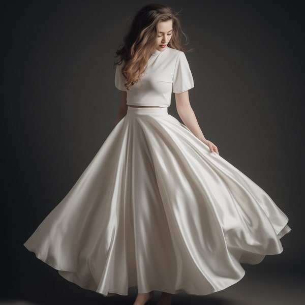 Handmade Elegant Silk Crepe Back Satin Full Circle Skirt with Pockets