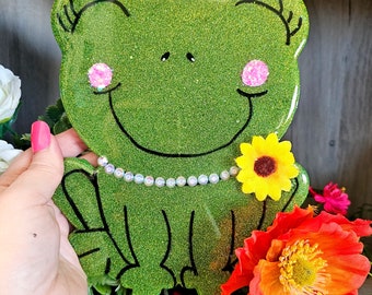 Sparkly Holographic Green Frog Wall Art, Sunflower Decor