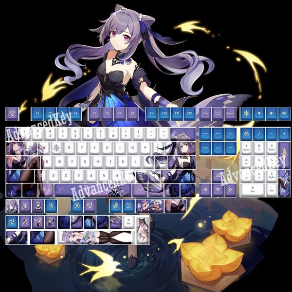 Ensemble de capuchons de touches Genshin Impact Keqing - 132 capuchons de touches à sublimation PBT pour clavier mécanique Profile Cherry