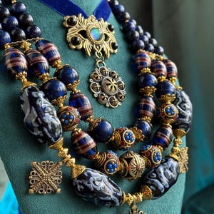 Night Over the Carpathians – Ukrainian Ethnic Necklace| Handcrafted Ceramic Beads & Brass Pendant | One of a Kind Gift for Her