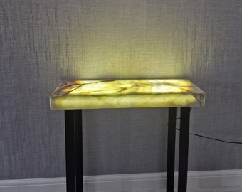 Mesa de centro de ónix verde con base de mármol Carara: Piedra natural retroiluminada
