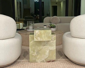 Handmade Natural Green Onyx Cube Table | Luxury Bedside Stone Furniture