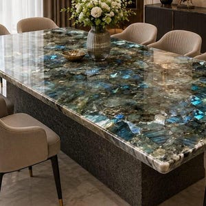 Puede incluir: Una mesa de comedor rectangular con una superficie de piedras preciosas pulidas que presenta patrones cristalinos en tonos azules, verdes y gris oscuro. La mesa se apoya sobre una base sólida gris oscuro y está rodeada por ocho sillas tapizadas en beige.