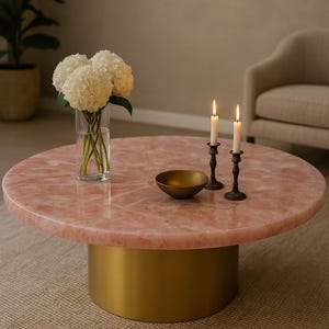 Rose Quartz Coffee Table & End Table, Bed side Table, Corner Table, Accent Table,living room furniture With Golden Base, 30&quot; Diameter Table