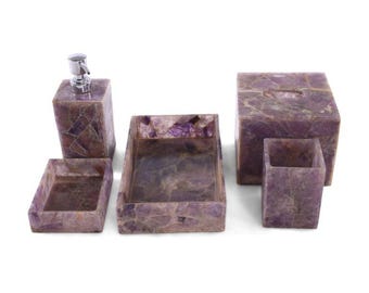 Bathroom Amethyst Bathroom Accessories Set of 7 pcs / Soap Dispenser / Trash Bin / Soap Dish / Vanity Tray / Tissue BoxMatcha bowl